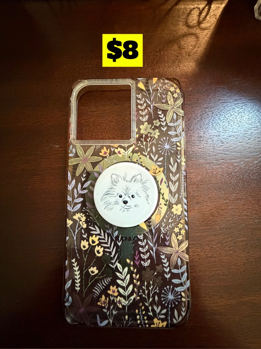 14 pro max Floral Clear iPhone Case with Dog PopGrip - Brown